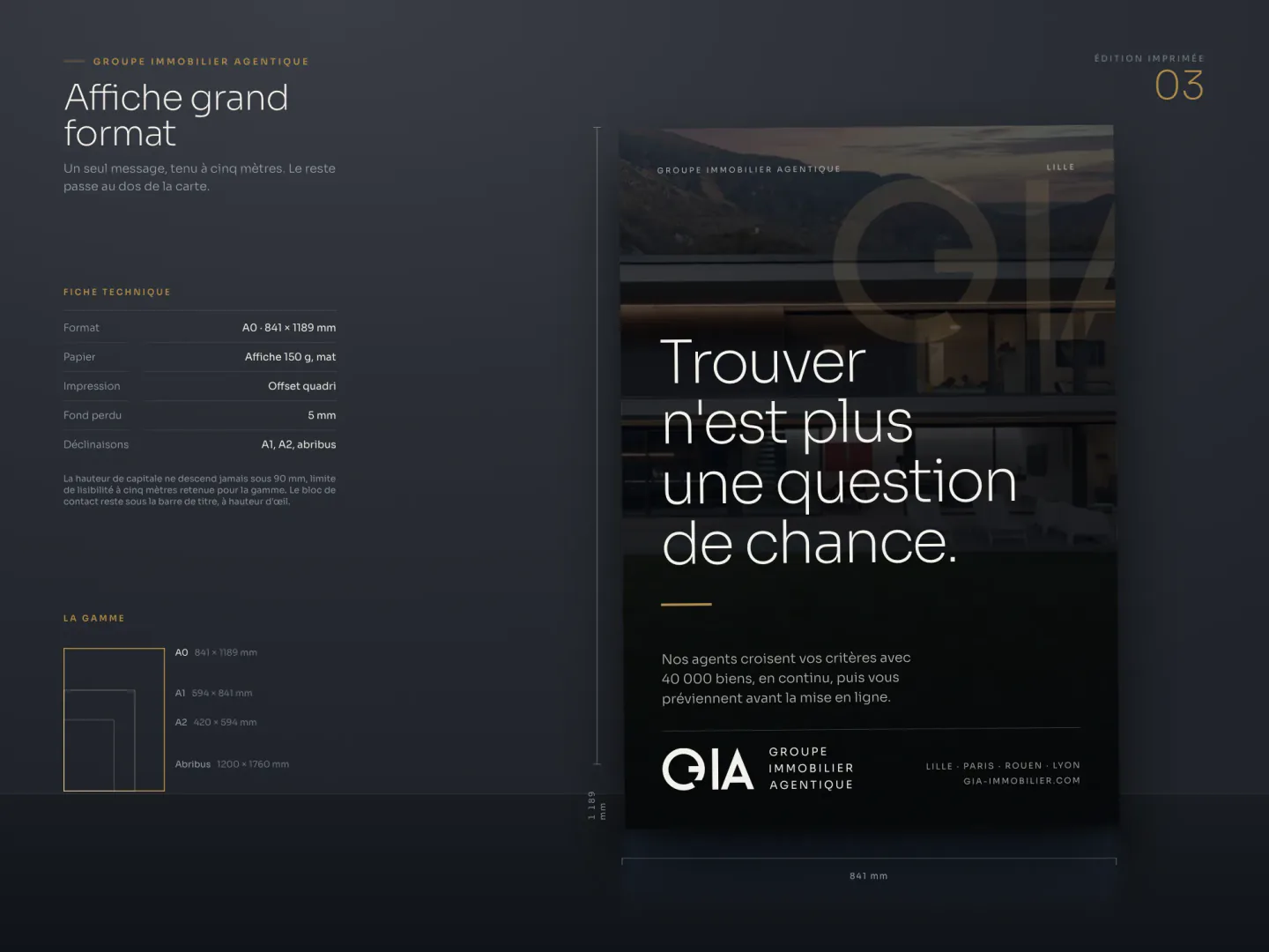 Affiche A0 portant une seule phrase en très grands caractères, avec sa fiche technique et la gamme des formats