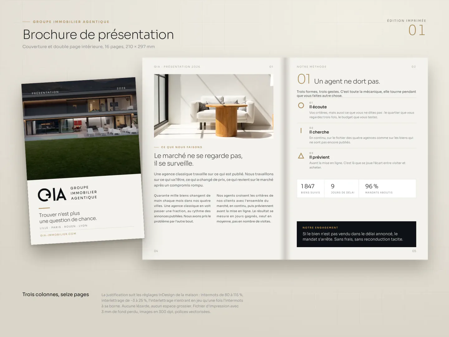 Couverture et double page intérieure d'une brochure de présentation de seize pages, format A4