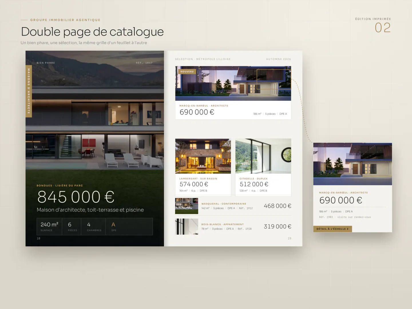 Double page de catalogue immobilier, un bien phare en pleine page, une sélection de biens avec leurs prix et un détail agrandi