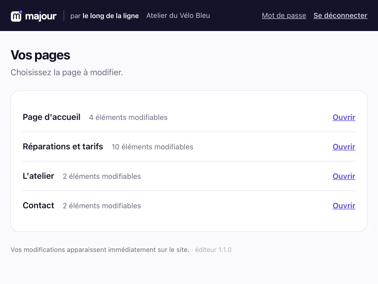 Écran de l'interface listant les pages du site avec, pour chacune, le nombre d'éléments modifiables et un lien Ouvrir