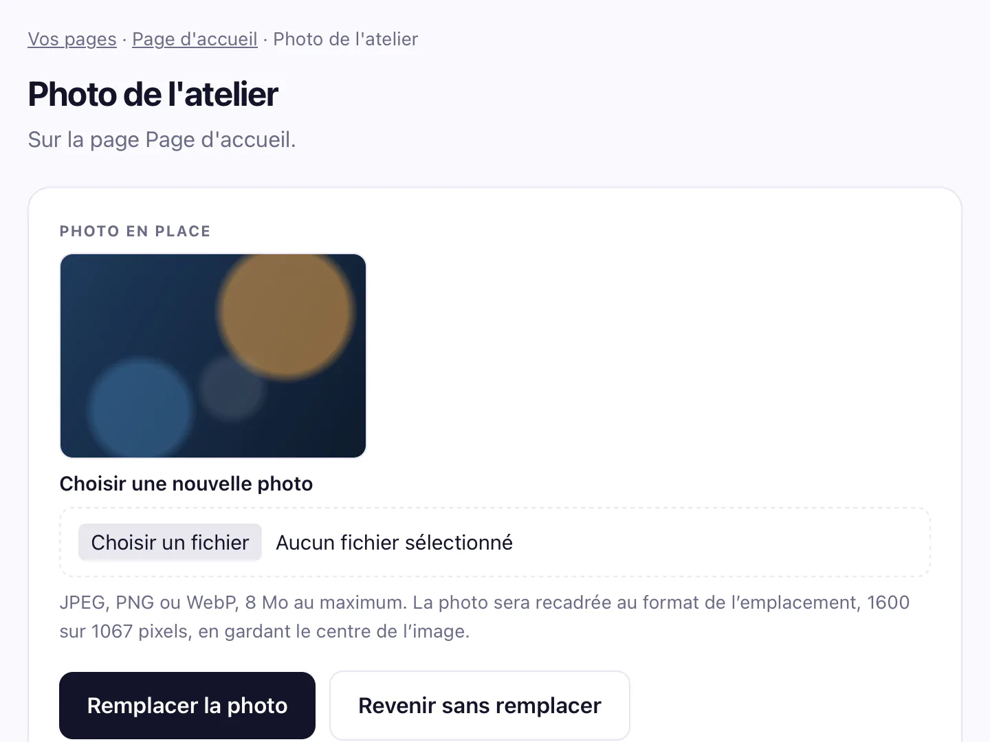 Écran de remplacement d'une photo : la photo en place, le choix d'un nouveau fichier, la taille attendue et le bouton Remplacer la photo