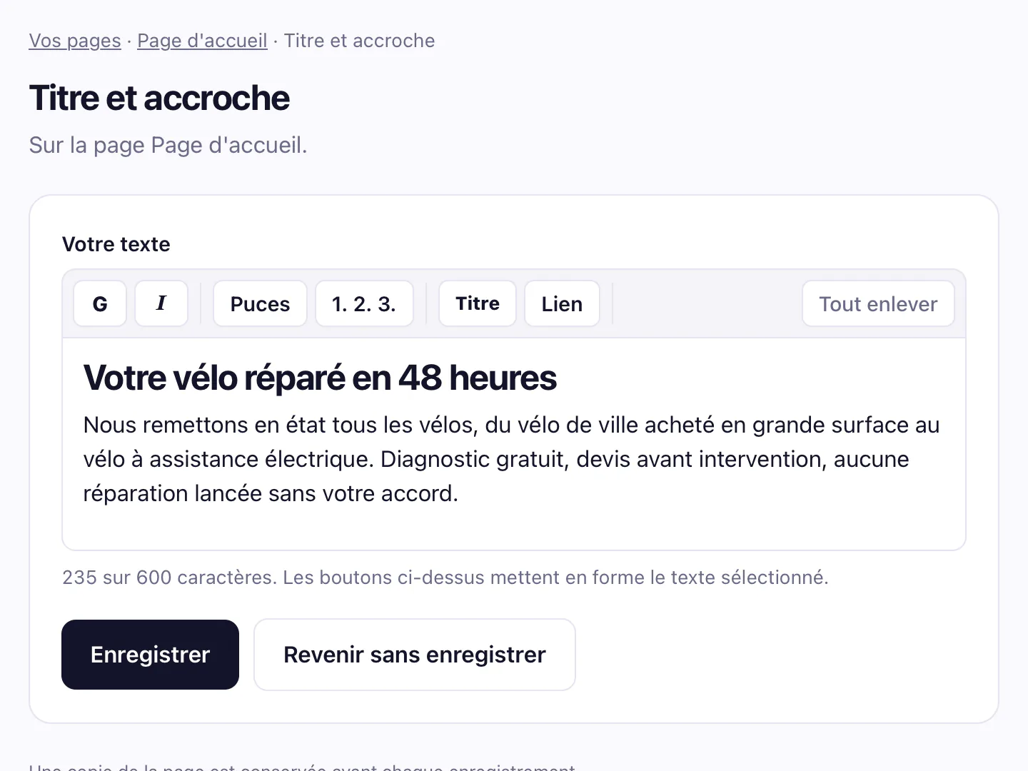 Écran de modification d'un texte : barre avec gras, italique, puces, titre et lien, le texte en cours, le compte de caractères et le bouton Enregistrer