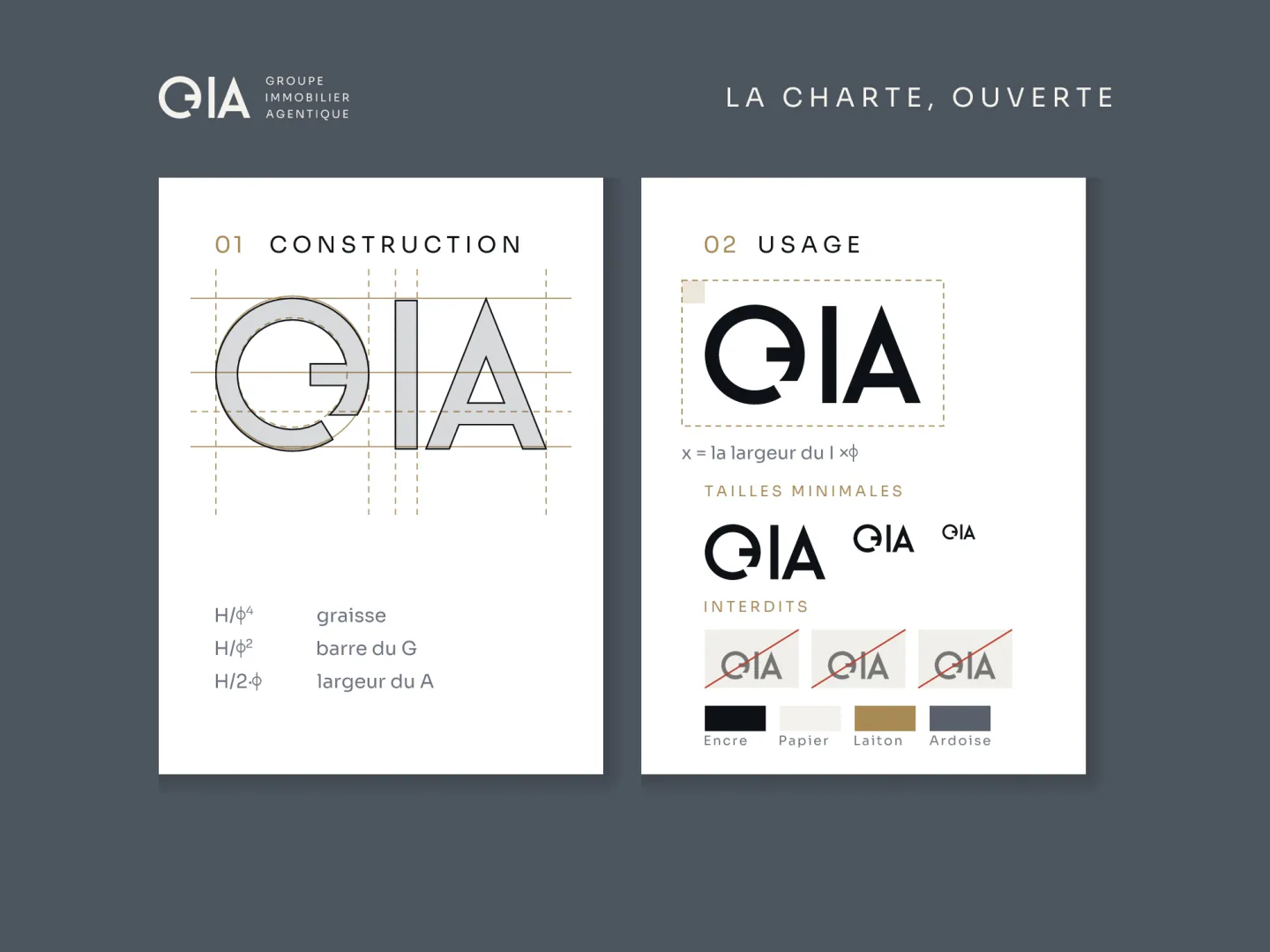 Deux planches de charte graphique, construction géométrique du logo et règles d'usage
