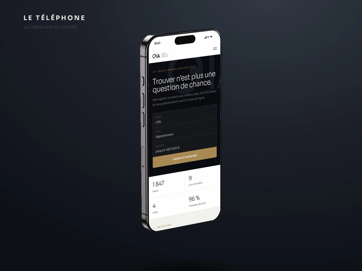 Le même site affiché sur un téléphone, formulaire de recherche et chiffres clés